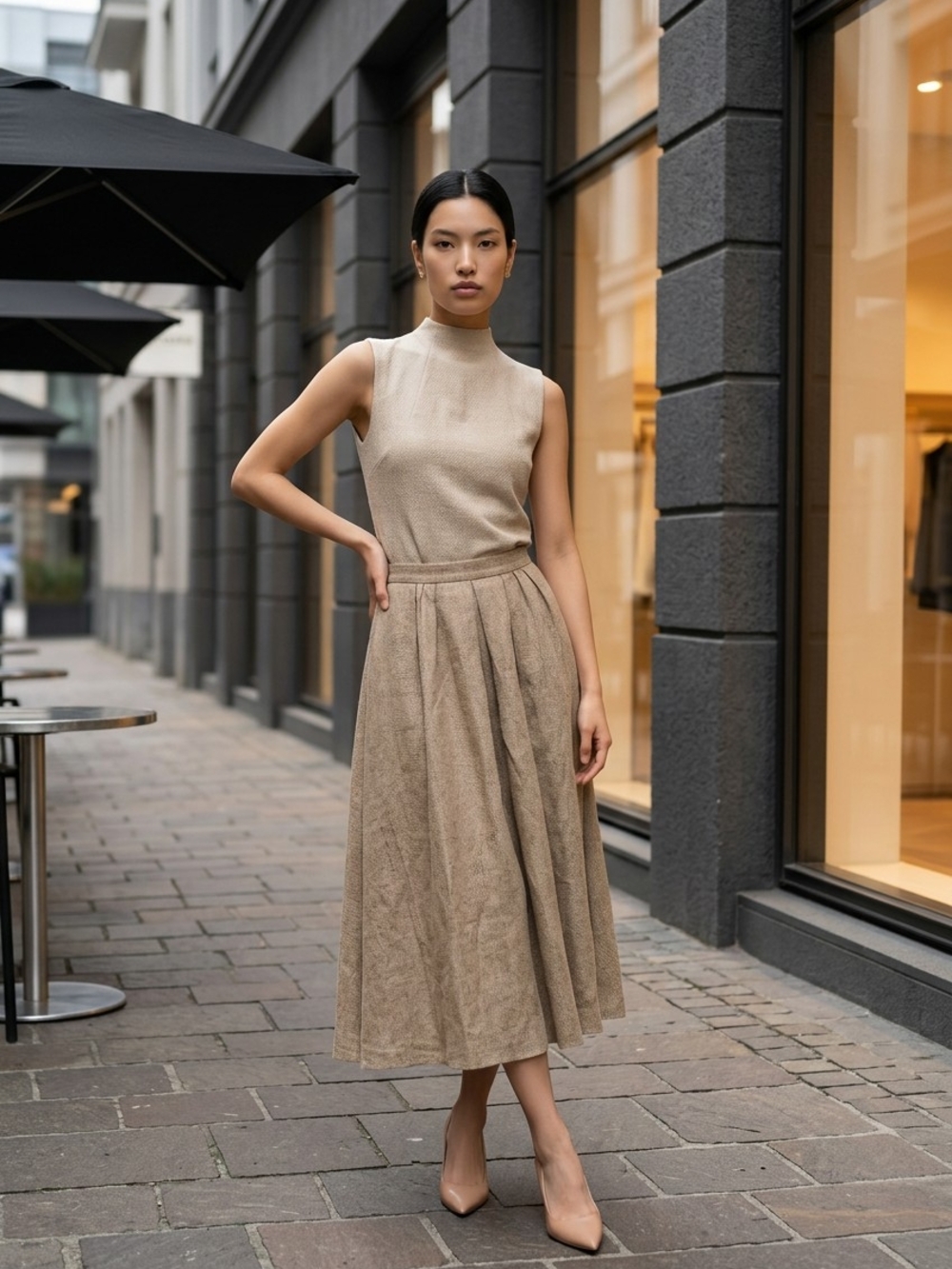 Vintage Handmade Gold Houndstooth Pleated A-Line Midi Skirt